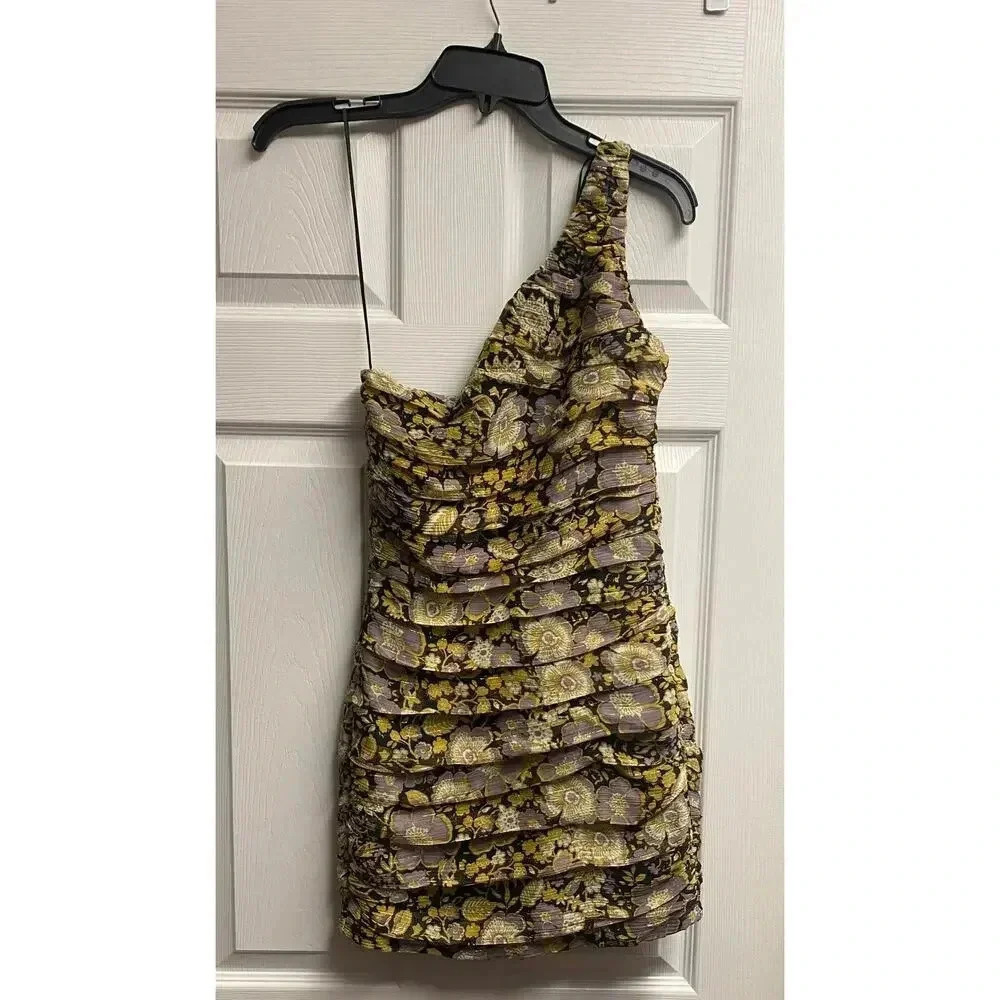 NWT Zara Floral One Shoulder Fitted Ruched Mini Dress Size Extra Small - Picture 2 of 5